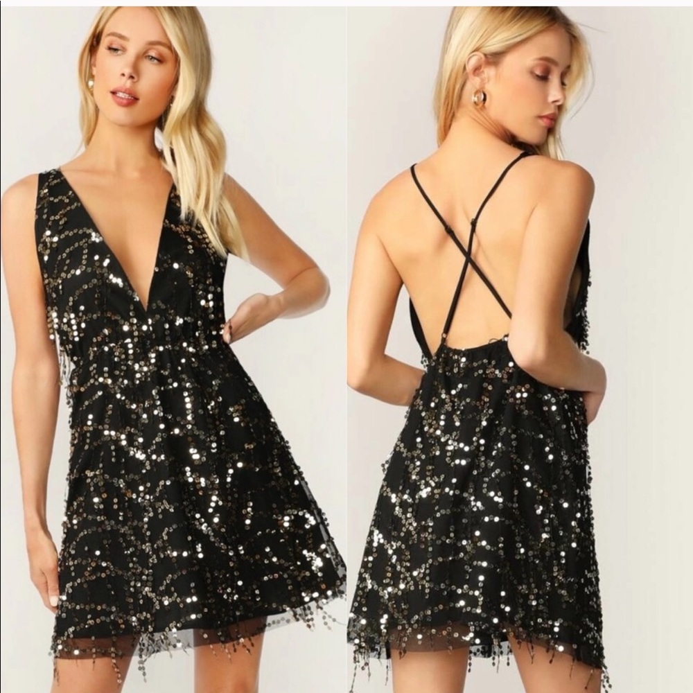Sequin Open Back V-Neck Dress